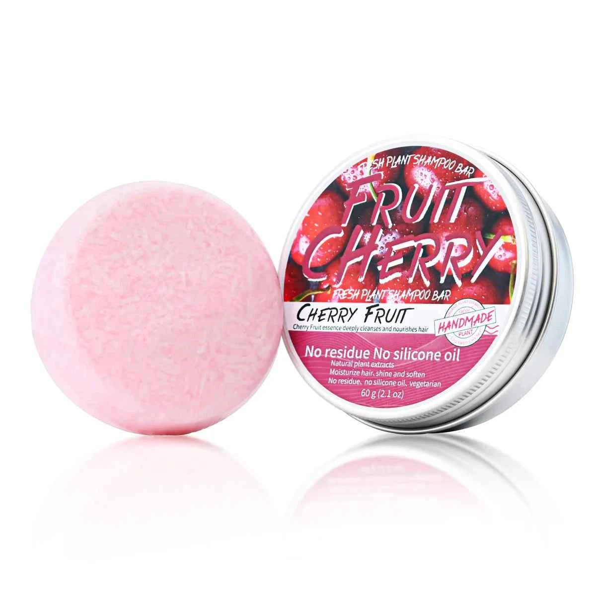 Westtree solid cherry and fruit shampoo for dandruff and oily scalp, natural hair care product in a clear shampoo bar.