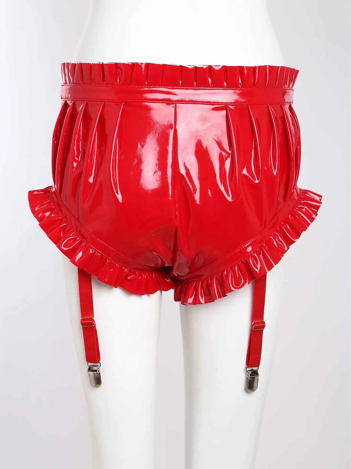 Black wet look leather shorts for women with ruffles and high waist, from YiZYiF, stylish synthetic leather casual pants.