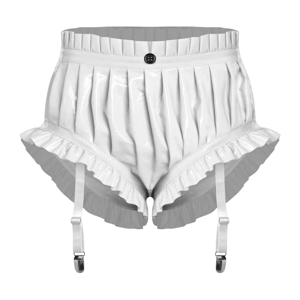 YiZYiF women's black wet look leather shorts with ruffles, high waist, stylish synthetic leather pants for a sexy, trendy look.