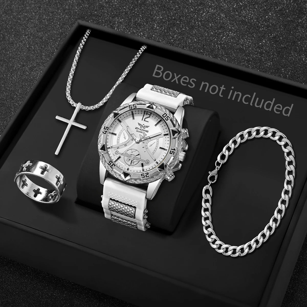 Set of four Yolako men's casual Arabic-inspired quartz wristwatches with white and silver dials, stylish and functional jewelry.
