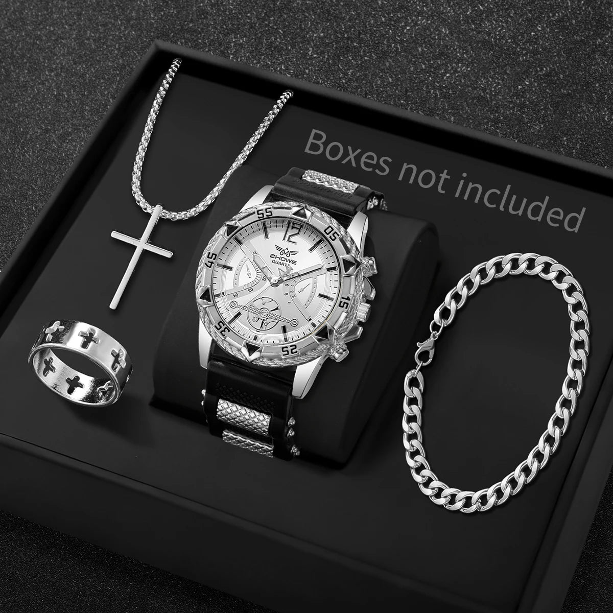Set of four Yolako men's casual quartz Arabic wrist watches in white and silver, featuring stylish and modern designs.