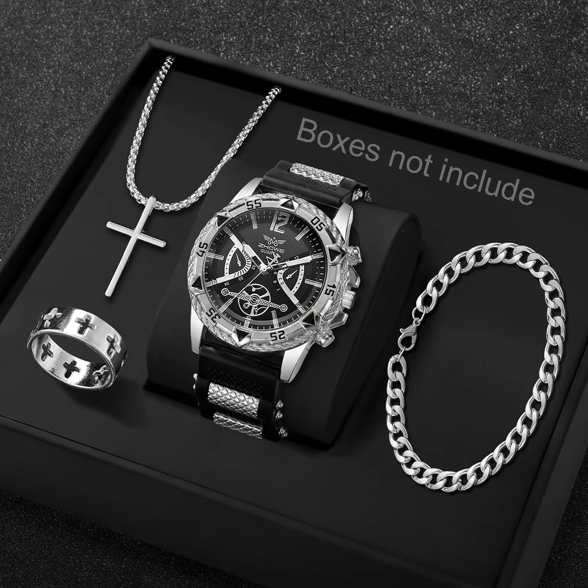 Set of four Yolako men's casual quartz Arabic watches with white and silver dials, stylish and versatile for everyday wear.