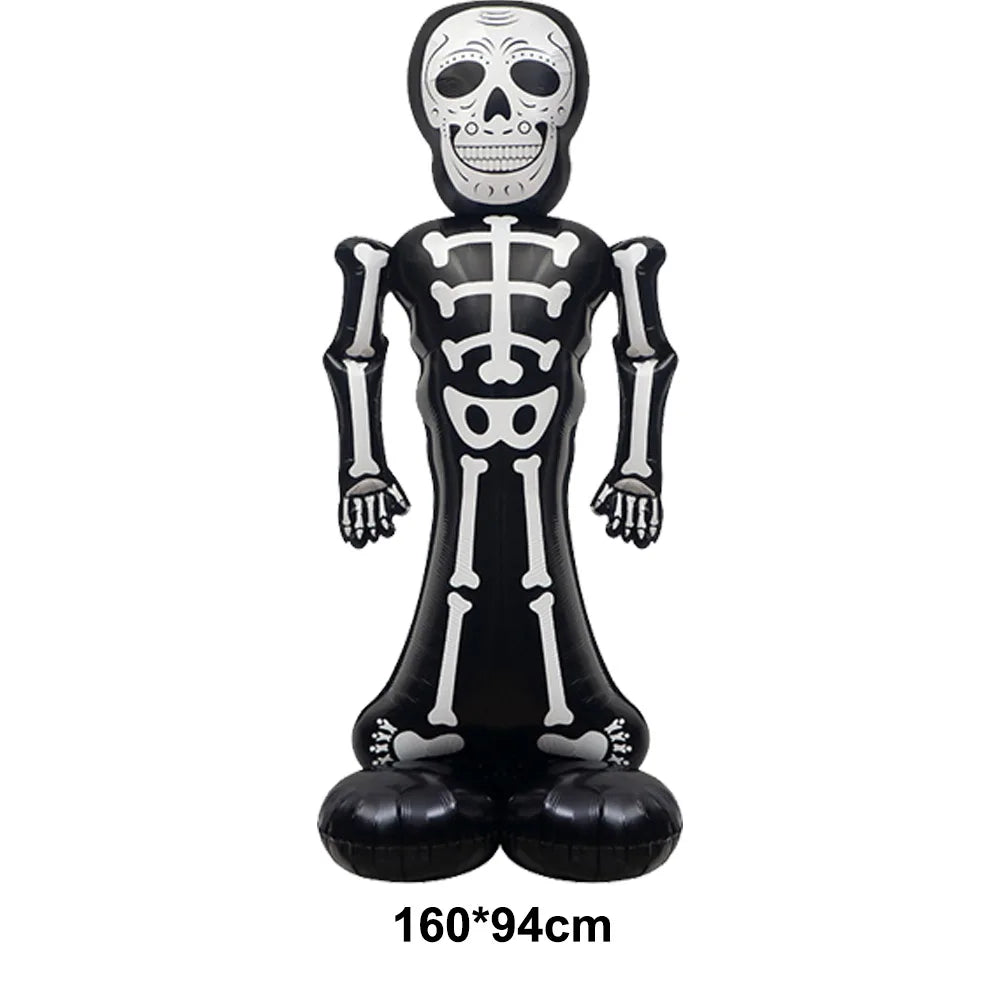 Large Halloween foil inflatable of a spooky skeleton skull, colorful iridescent design, ideal for festive party decorations.
