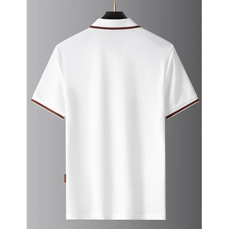 ZHUOFU men's luxury polo shirt with short sleeves, breathable cotton fabric, black color, ideal for casual summer wear.
